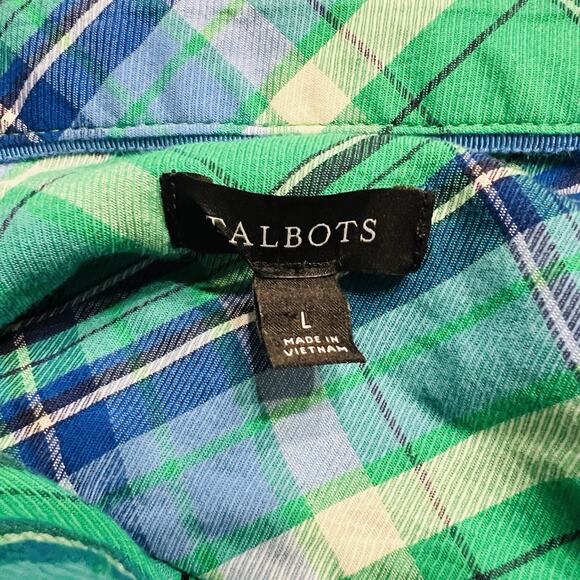 Talbots Women's Button Up Size Large Green Blue Plaid Long Sleeve Collared - Picture 5 of 6